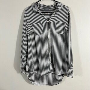 Merona Striped Button Down Shirt Womens XXL Navy White Rayon Hi-Low  Top